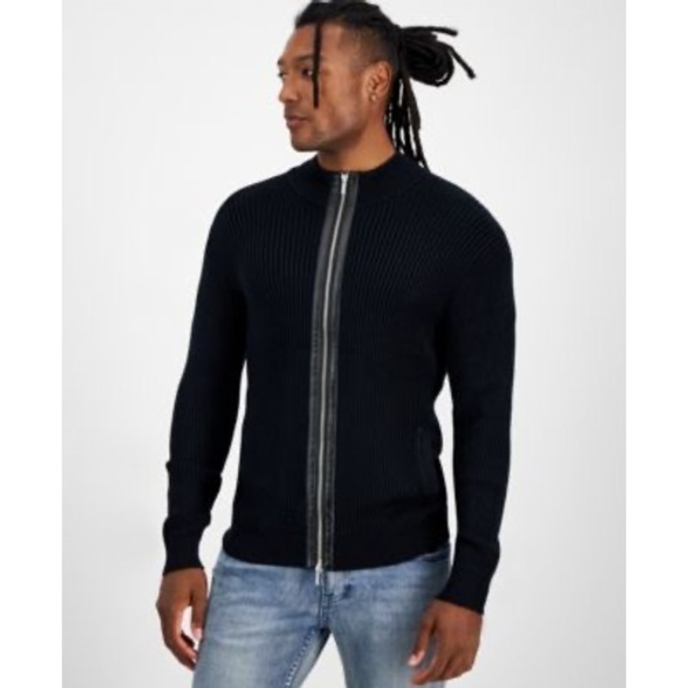 INC International Concepts Men's Black Full Zip Faux Leather Sweater L NEW! $70
